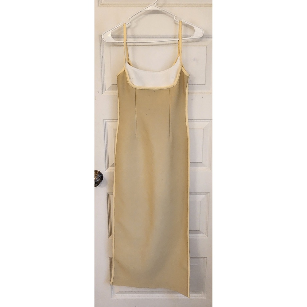 Catchall In Vogue Beige Bandage Maxi Dress Tan Ribbed Bodycon Back Slit XS
